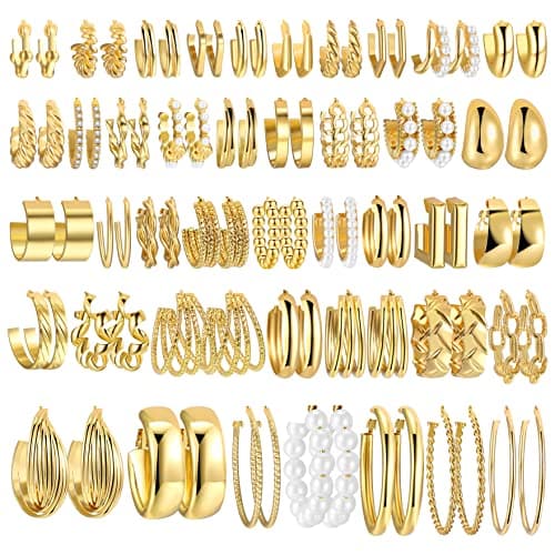 42 Pairs Gold Hoop Earrings Set for Women, Fashion Chunky Pearl Earrings Multipack Twisted Statement Earring Pack, Hypoallergenic Small Big Hoops Earrings for Birthday Party (Gold-42 pairs) - Image 1
