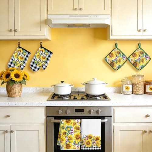 Vetoxka 8 PCS Bee Sunflower Kitchen Decor and Accessories - Bright Summer 4 Dish Towels, 2 Plaid Oven Mitts and Pot Holders Sets for Home Decoration Farmhome Cook Bake Mom Daughter Housewarming Gifts - Thumbnail 2