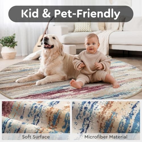 tchdio Round Rug 5FT Colorful Modern Abstract Circle Rug for Bedroom Non Slip Soft Circular Rug Carpet Washable Round Area Rug, Multi Color, 5FT - Thumbnail 4