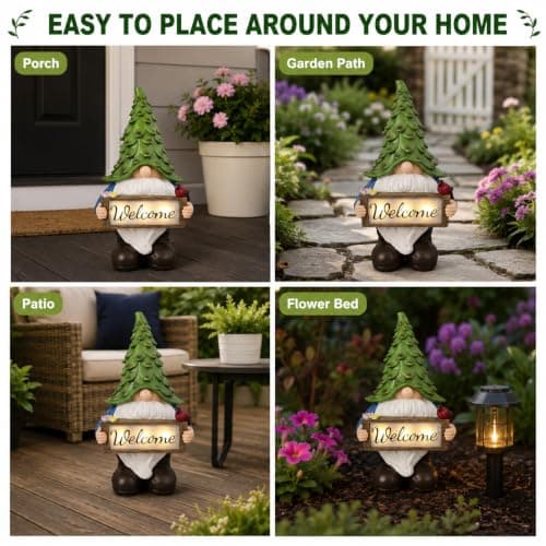 hvfun Solar Garden Gnome Statue with Welcome Sign, 13.5" Resin Outdoor Gnome Decor with LED Light, Cute Garden Statue for Yard, Porch, Patio, Lawn, Housewarming Gifts for Women Mom Grandma - Thumbnail 6