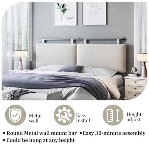 BSHOMGI King Headboard, Wall Mounted Headboards for Bed with Linen Upholstery Hanging Head Board for Bedroom Sturdy and Durable Solid Wood Thanksgiving Day, Christmas for Family(Beige, King) - Thumbnail 4