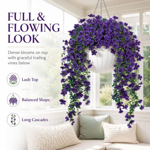 UV Resistant Artificial Hanging Flowers Outdoor Decor - 2 Pack Fake Hanging Plants with Silk Daisies for Spring Summer, No Fade Faux Flowers for Planter, Front Door, Porch, Patio, Garden, Yard - Thumbnail 2