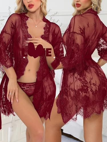 Rigeri Red Lingerie Lace Kimono Robe Sexy Costumes Honeymoon Wine Red M - Thumbnail 4