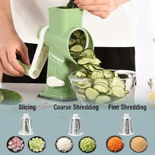 Spylandy Rotary Cheese Grater, 3-in-1 Manual Vegetable Slicer with Handle, Safer Kitchen Mandoline Shredder with Suction Base for Cheese, Nuts, Potatoes & Salads – Easy to Clean (Green) - Thumbnail 4