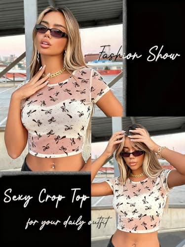 GAMISS Mesh Top for Women Short Sleeve Crew Neck Mesh Shirt Crop Sheer Top Cropped Mesh T Shirt Bowknot S - Thumbnail 4