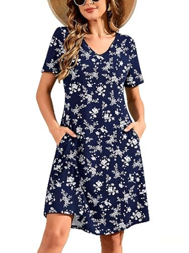 DEARCASE Women's Summer Dresses Floral Short Sleeve Spotted Prosperity Medium Wedding Guest V-Neck Knee Length Hawaiian Beach Sundresses Boho Flowy Swing Vacation Party Comfy Mini T-Shirt Dress - Image 1