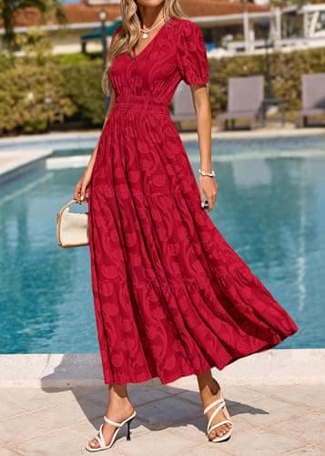 KIRUNDO Summer Dresses for Women 2026 Boho Flowy Casual Short Sleeve V Neck Elastic Waist Floral Long Baby Shower Maxi Dress(Red, XX-Large) - Thumbnail 3