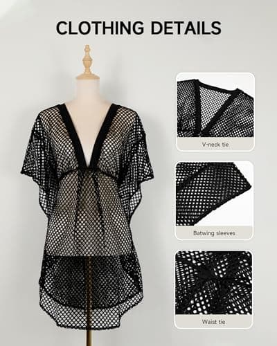 Bsubseach Swimsuit Coverup for Women 2026 Crochet Beach Cover Ups Batwing Sleeve Mesh Kaftan Dress Summer Vacation Outfits Black XXL - Thumbnail 6