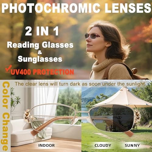 Yiwaeye Photochromic Progressive Multifocus Reading Sunglasses for Women, Stylish Metal Half Frame Anti Blue Light Readers 1 Pack Red +1.5 - Thumbnail 3