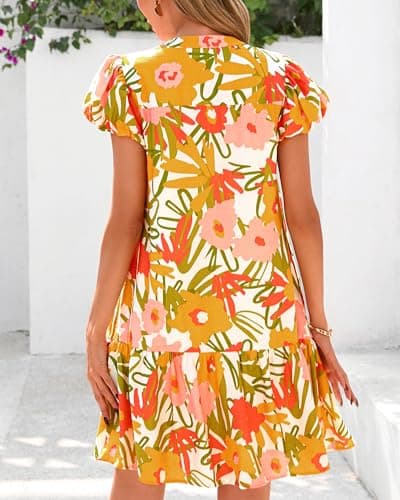 dowerme Womens Summer Dresses 2026 Puffy Sleeve V Neck Loose Floral Print A Line Boho Mini Babydoll Dress with Pockets(White Yellow Flower,Large) - Thumbnail 5