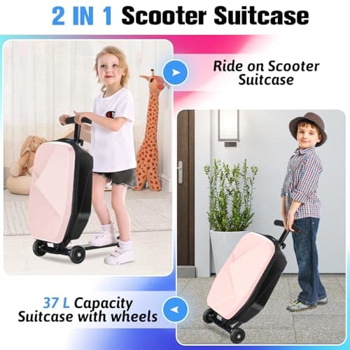 Scooter Luggage For Kids & Adults， Hardside Ride On Suitcase For Kids Ages 4-15 Multifunctional Lightweight Foldable Carry On Luggage With Wheels Ride On For Children Teenagers (Light Pink, 20") - Thumbnail 2