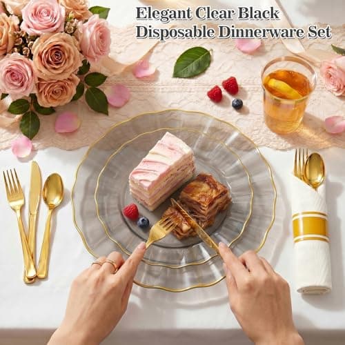 Glowserve Pre-Rolled Scalloped Clear Black Plastic Plates Set 175 PCS - Thumbnail 2