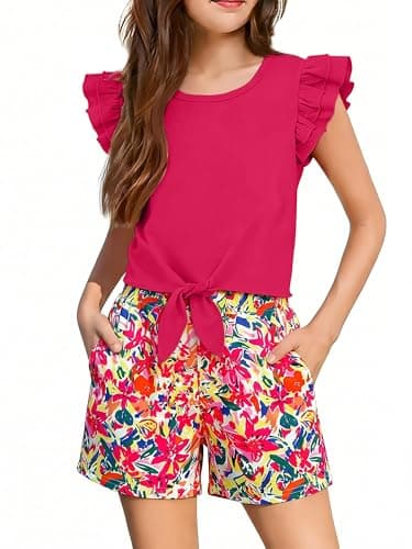 AMAWMW Kids Girls 2 Piece Outfits Summer Clothes Short Sleeve Tie Knot Ruffle Shirts Tops Floral Shorts Sets Rosered 5-6Y - Image 1