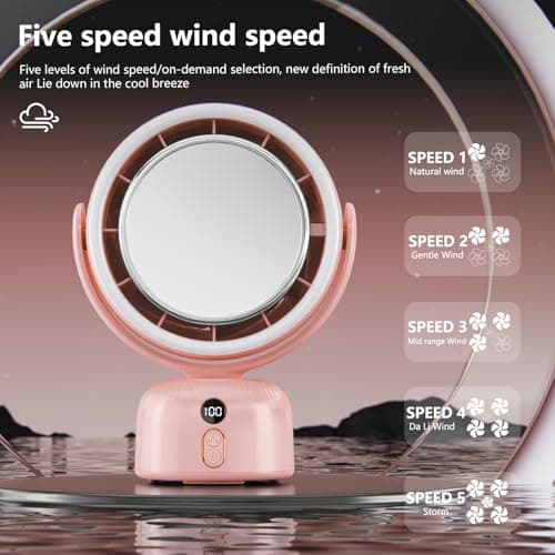 Sunytee 6000mah Rechargeable table Fan, Portable Fan with LED Makeup Mirror 5-Speed Quiet Cooling Fan|3 Level Dimming led vanity mirror with light fan | USB-Powered For Home/Office/Kitchen (Pink) - Thumbnail 2