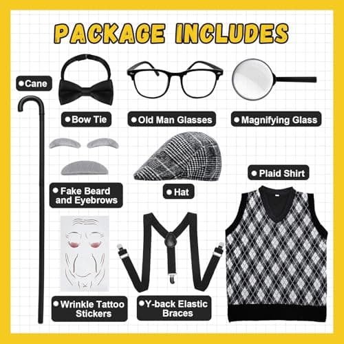 Skirfy Kids 100 Days of School Costume for Boys, Old Man Costume for Kids with Old Man Hat and Grandpa Vest,Cosplay Grandpa Dress Up Accessories - Thumbnail 4