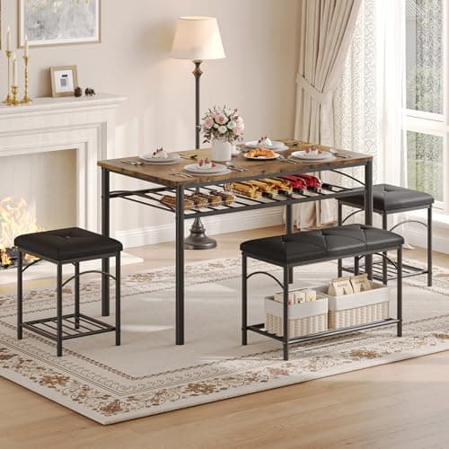 Garvee Dining Table Set for 4, Kitchen Table with Upholstered Bench and 2 Stools, 4 Pieces Kitchen Table Set with Storage Rack & Metal Frame for Small Space, Kitchen Table and Chairs Set for Apartment - Thumbnail 2