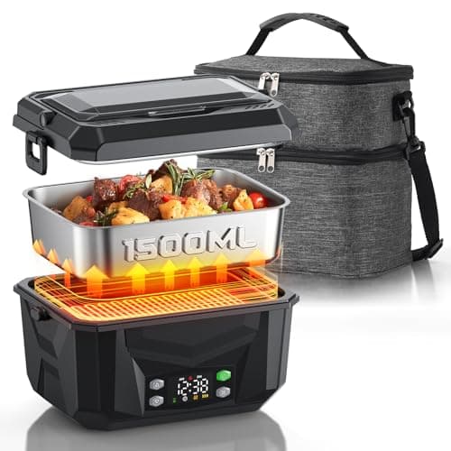 Lavsonic 100W Heated Lunch Box for Adults, 6.3 Cups Food Grade Stainless, Automatic Scheduled Heating, Portable Food Warmer for Truckers, Construction, Work with Insulated Bag, Black