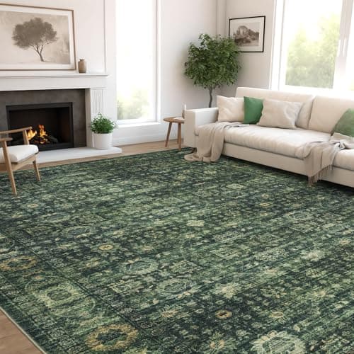 Dotiiorug Vintage Washable Area Rug for Living Room,Low Pile 5x7 Non Slip Carpet Non-Shedding Area Rug Soft Indoor Stain Resistant Rug Floral Print Mat for Bedroom Dining Room 117 Green - Thumbnail 3