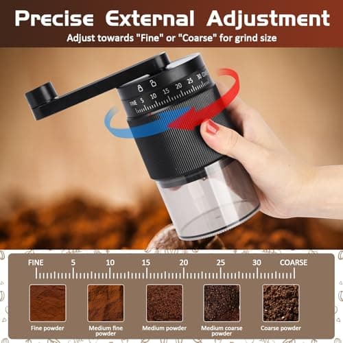 Manual Coffee Grinder - 95 Ceramic Burr, Adjustable Coarse to Fine, 30g Beans & 80ml Powder, Detachable Handle for Espresso, French Press, Camping (Black) - Thumbnail 2