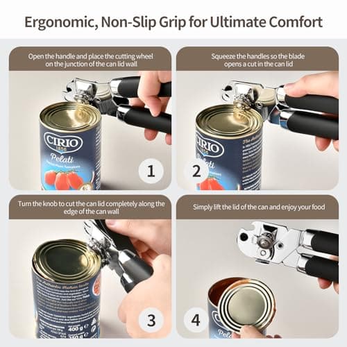 HAOCHUYI Heavy Duty Stainless Steel Smooth Edge Manual Can Opener and Bottle Openers, Soft Ergonomic Handle, Oversized Handheld Easy Turn Knob, Multifunctional Kitchen Tool, Black ﻿ - Thumbnail 4