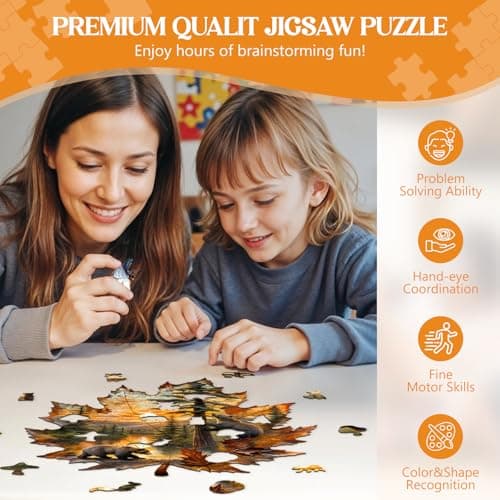 Wooden Puzzles for Adults, Brown Bear Autumn Maple Leaf Wooden Jigsaw Puzzle, Unique Animal Shaped Wood Puzzles Adult, Creative Gifts for Friends/Family/Puzzle Lovers, Home Decor(S-8.5 * 7.9in 90pcs) - Thumbnail 4