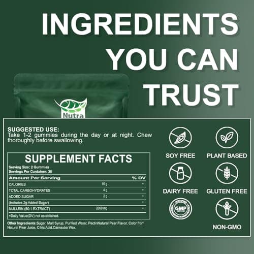 NutraNourish Mullein Gummies for Lung Detox 1000mg Mullein Leaf Herb Extract for Respiratory & Digestive & Immune Support, Vegan, Pear Flavor 60/120 (2) - Thumbnail 4