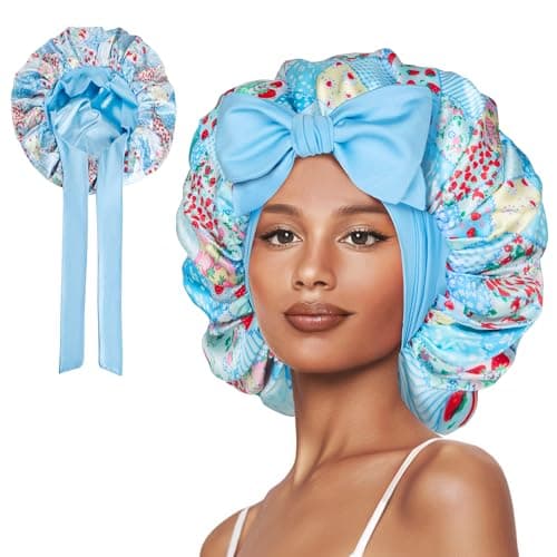 Vettres Hair Bonnet for Sleeping Satin Lined Sleep Cap Double Layer Silk Head Wrap for Curly Natural Hair Strawberries Blue Plaid - Image 1