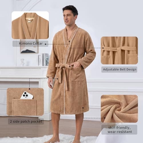 Inner Wish Men's Terry Cloth Bathrobe - Soft Absorbent Quick-Dry Spa Robe with Pockets, Lightweight Robe for Lounge & Shower，Khaki，L/XL - Thumbnail 3