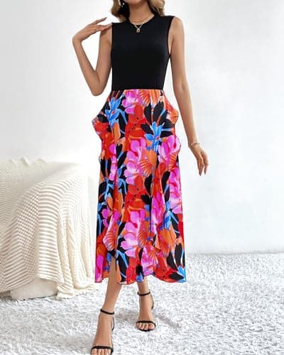 BTFBM Women Casual Sleeveless Summer Dresses 2025 Spring Crewneck Patchwork Boho Floral Ruffle Cocktail Party Midi Dress(Big Floral Multicolor, Medium) - Thumbnail 3