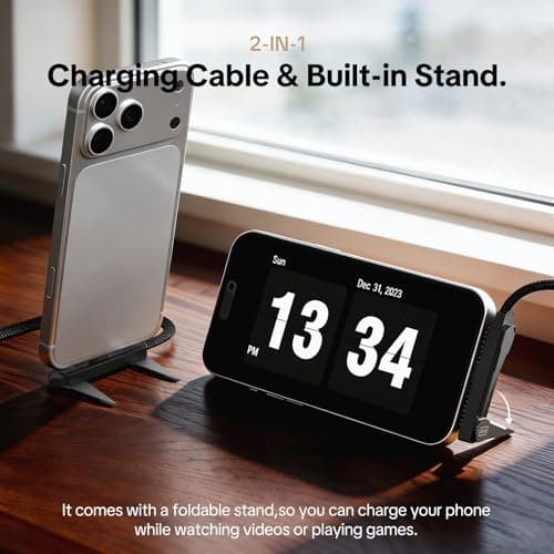 MFish 240W USB C Cable with Stand, 90° Right Angle Fast Charging Braided USB C to USB C Cable, Foldable Phone Stand Charger for iPhone 17, iPad, MacBook, Samsung, Gaming + Hands-Free Black 3.93FT - Thumbnail 3