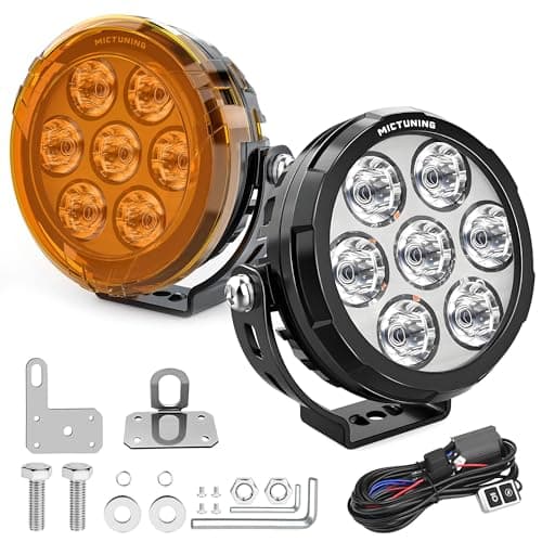 MICTUNING 4.5 Inch Round Motorcycle Driving Lights, 120W Fog Light Led Pods Offroad Work Spotlight IP68 Waterproof Wiring Harness Kit with Amber Protection Cover - Pair