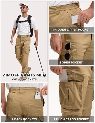 AOHIKE Convertible Hiking Pants Men - Relaxed Fit Breathable Outdoor Cargo Pants for Camping Travel Fishing, Khaki - Thumbnail 5