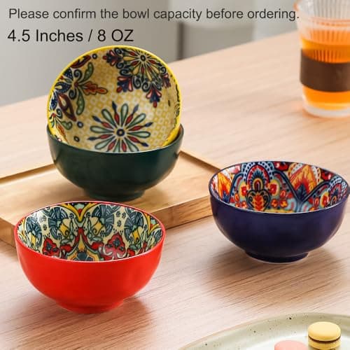 JINNTHE Bohemian Bliss 4.5-Inch Ceramic Bowls, Set of 4 - Colorful Dip Bowls, Salad Bowls, Snack Rice Bowls with Handcrafted Artisan Prints, Dishwasher & Oven Safe - Thumbnail 2