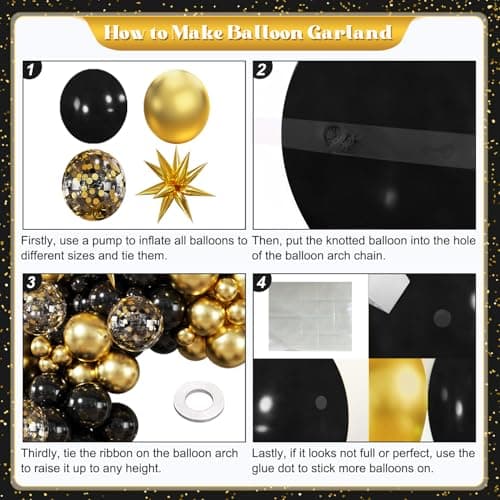 Black and Gold Balloon Garland Arch Kit, 140Pcs Black Gold Confetti Balloons with Stars for Birthday Graduation New Year Retirement Anniversary Wedding Engagement Party Decorations - Thumbnail 5