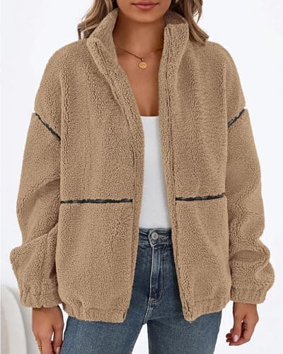 KIRUNDO Sherpa Jacket Women Fleece Oversized Zip Up Winter Coats Fall Jackets Faux Fur Warm Outwear 2026 Fashion Clothing(Khaki, Medium) - Thumbnail 3