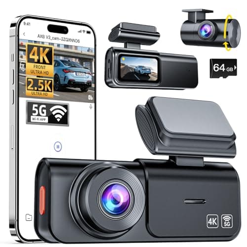 AXB Dash Cam Front and Rear: 4K+2.5K Dashcam with 5G WiFi APP Control & 64GB Card - Dual Dash Camera for Cars with 24H Parking Mode Night Vision Loop Recording Emergency Lock (V3)