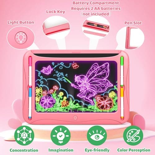 Magic LED Drawing Board for Kids, Girl Toys for Ages 5-7, Christmas Birthday Gifts, Light Up Tracing Pad, 9 Double-Sided Cards, 6 Markers, Neon Effect Doodle Writing Tablet, Arts Crafts Learning Toy - Thumbnail 5