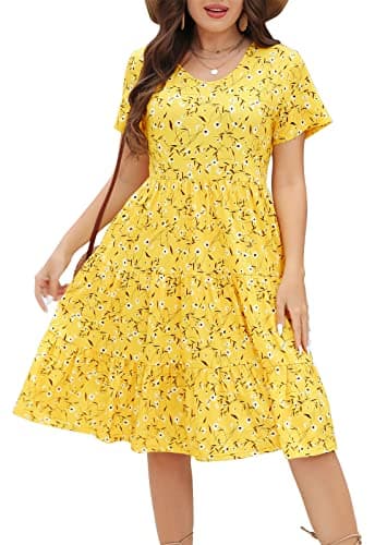 Younrui Plus Size Tiered Casual Babydoll Dress for Women Wedding Guest Scoop Neck Short Sleeve Midi Aline Dress (2XL-1001-Yellow Floral) - Image 1