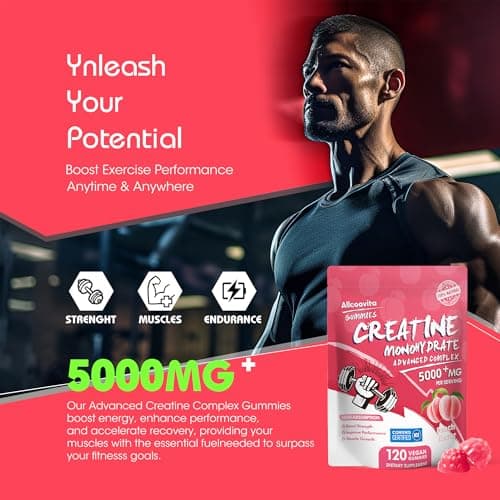 Allcoovita Creatine Monohydrate Gummies 5g for Men & Women. Boost Focus,Strength, and Endurance, Anti-Melting Formula, Vegan, Gluten-Free, Non-GMO,(Peach 120 ct) - Thumbnail 5