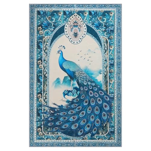 FLYRUGGO 3x5 Peacock Rug for Entryway, Modern Indoor Washable Entry Way Area Rugs, Small Soft Non-Slip Accent Carpet Door Mat for Dining Room Kitchen Kids Bedroom - Blue Peacock - Thumbnail 4