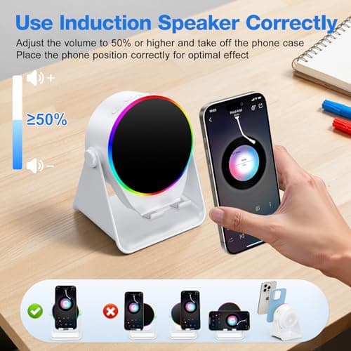 TARKARI Wireless Induction Speaker, 5 in 1 Bluetooth Speaker, 360° Rotation Cell Phone Stand and Colorful Ambient Light, Compatible with iPhone iPad Android Tablet, Birthday Gifts for Men Women Him - Thumbnail 3