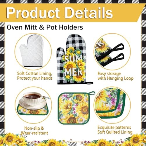 Vetoxka 8 PCS Bee Sunflower Kitchen Decor and Accessories - Bright Summer 4 Dish Towels, 2 Plaid Oven Mitts and Pot Holders Sets for Home Decoration Farmhome Cook Bake Mom Daughter Housewarming Gifts - Thumbnail 5
