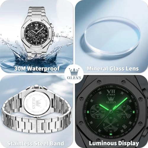 OLEVS Men's Watch Silver Stainless Steel with Black Dial Casual Watch for Men Quartz Analog 3ATM Waterproof Business Professional Style for Office Work Daily Commute 42mm Diameter Case Easy to Read. - Thumbnail 5