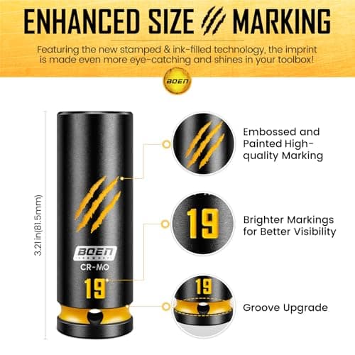 BOEN 12-Piece 1/2" Drive Deep Impact Socket Set, Metric Sockets (8-19mm), 6-Point CR-MO Steel with Deep Embossed and Painted Marking - Thumbnail 5