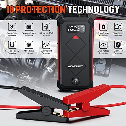 Acmount P100 Car Jump Starter, 5000A Peak Lithium Jump Starter Battery Pack for Up to 10.0L Gas or 8.0L Diesel Engine, Safe 12V Portable Battery Starter Power Pack with LED Screen & LED Light - Thumbnail 4