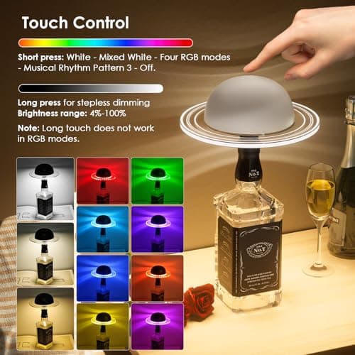 KIBTOY Wireless Bottle Lamp, Bottle Light for Liquor Bottles Rechargeable 3600 mAh, Wine Bottle Lamp, Touch & Remote Control, Dimmable 3CCT & RGB & Musical Rhythm Mode for Home Bar Party Decor, White - Thumbnail 2