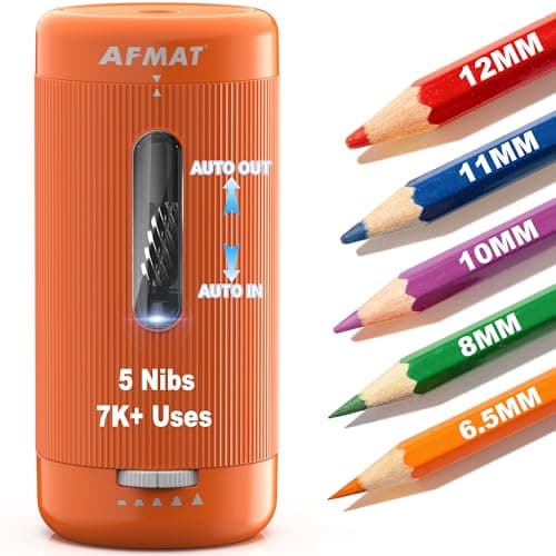 AFMAT Electric Pencil Sharpener, Auto in & Out, 5 Nibs, 7K+ Uses, Fully Automatic Pencil Sharpener for Classroom, Rechargeable Hands-Free Sharpeners for Jumbo/Colored Pencils (φ6.5-12mm) PSC3(Orange) - Image 1