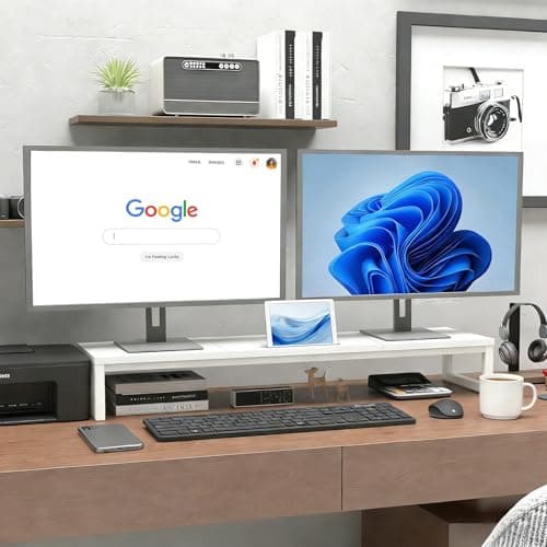 huacz Dual Monitor Stand Riser, 38.7'' Long Wood and Steel Monitor Stand for 2 Monitors, Ergonomic Desktop Organizer with Tablet Stand for Computer,Laptop,TV (White) - Thumbnail 2