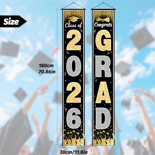 OHOME Graduation Decorations 2026 - Black Gold Congrats Grad Porch Banner for Graduation Party Decorations - Class of 2026 - Party Favors Supplies Backdrop Yard Signs Decor (Black) - Thumbnail 3