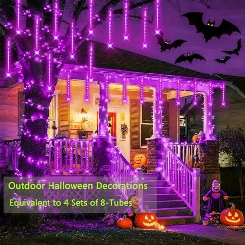 Lauzior Christmas Decoration Outdoors - 32 Tubes Meteor Shower Lights, Waterproof Falling Rain Lights for Halloween Decor Xmas Tree Garden Yard Wedding Party, Purple - Thumbnail 6